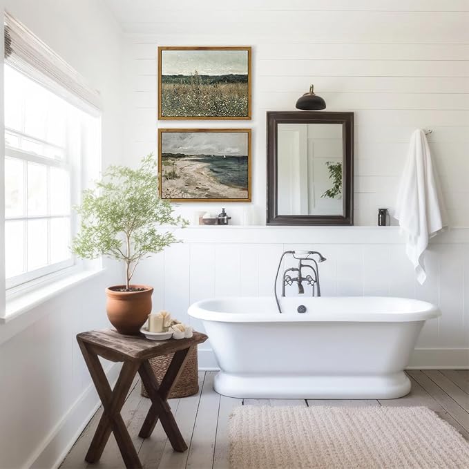 KBKBART Vintage Wall Art, Retro Coastal Seaside Beach House Framed Canvas Art Prints Painting Farmhouse Decor, Rustic Impressionism Scenic Landscape Wall Decor for Bathroom, Bedroom Living Room,