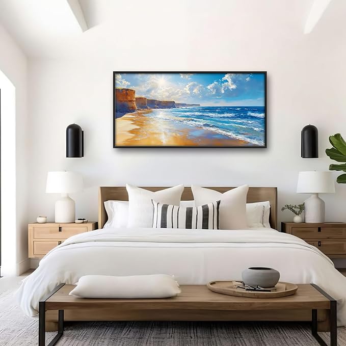 Coastal Beach Large Wall Art for Living Room, Ocean Sun Oversized Wall Decor Pictures, Seaside Framed Canvas Print Painting, Modern Artwork for Bedroom Office Home Decor 60"x30"