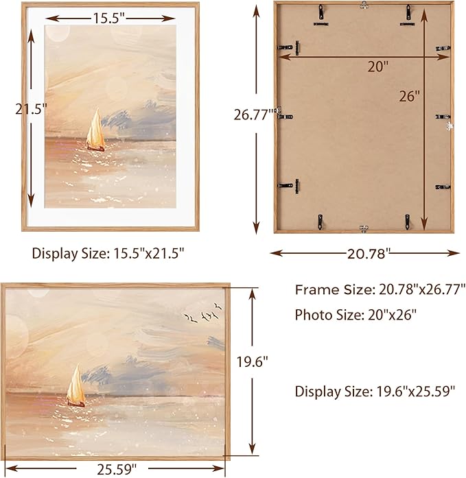 Fun Memories Rustic Solid Oak Wood Frame - 20x26 for Wall, Matted to 16x22 (Natural Oak Color, 1 Pack)