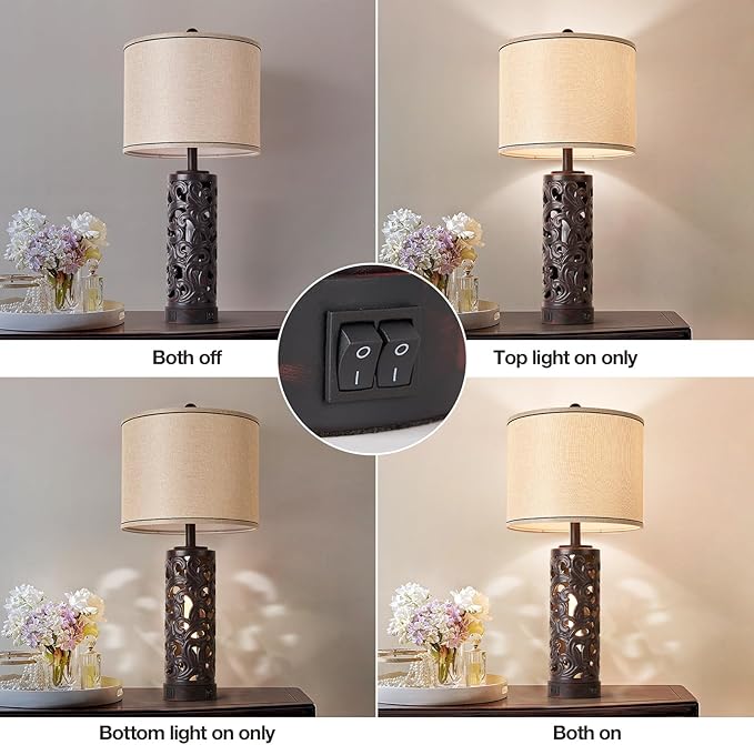 AIDENOEY Set of 2 Table Lamps with Night Light, 28" Farmhouse Table Lamp with USB A+C Ports,Brown Ceramic Bedside Lamp with Fabric Shade for Living Room,Bedroom,Home,Office(2 Bulbs Included)