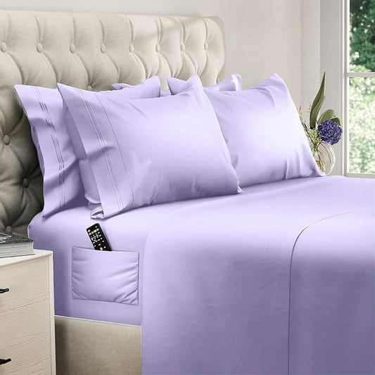DREAMCARE Full Size Sheets Set - 6 Pcs Deep Pocket Cooling Bed Sheets - Soft, Long Lasting 100% Brushed Microfiber with Side Pocket (Lavender, Full)