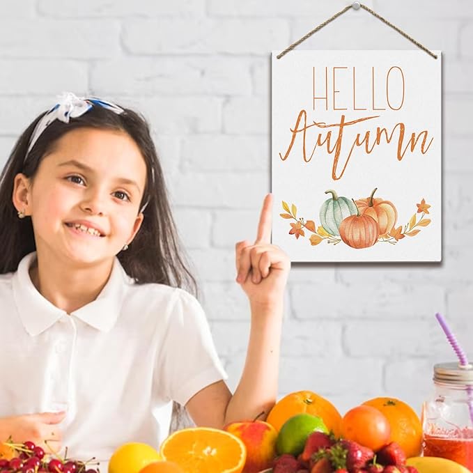 Hello Autumn Sign Autumn Thanksgiving Fall Decor Rustic Wood Sign Wall Decor Welcome Fall Quotes for Home Farmhouse Bedroom Bathroom Seasonal Harvest Decorative Wooden Wall Hanging Decor Plaque