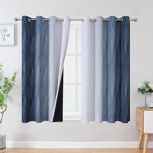 Estelar Textiler Full Room Darkening Greyish White and Navy Blue Blackout Curtains 45 Inch Length 2 Panels Set,Ombre Thermal Insulated Full Light Blocking Grommet Blackout Drapes for Kitchen,52Wx45L
