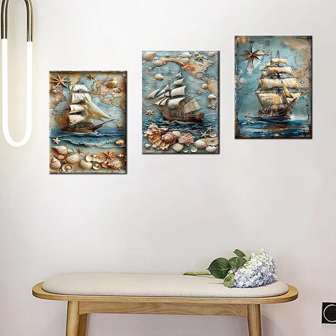 Nautical Boat Canvas Wall Art Abstract Ocean Creatures Seashell Starfish Poster Print Vintage Picture Painting Artwork for Modern Home Bedroom Bathroom Wall Decoration Ready to Hang [36''W x 16''H]