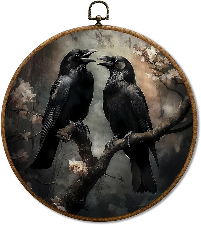 JUIOEIU Gothic Black Raven Round Wall Decor, Dark Academia Black Crow Floral Framed Canvas Prints, Gothic Moody Raven Wall Art Hanging Decorations for Home Bedroom Living Room Decor, 10x10in
