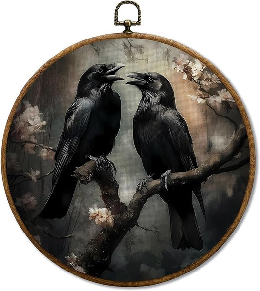 JUIOEIU Gothic Black Raven Round Wall Decor, Dark Academia Black Crow Floral Framed Canvas Prints, Gothic Moody Raven Wall Art Hanging Decorations for Home Bedroom Living Room Decor, 10x10in