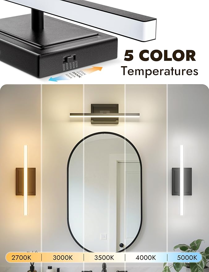 NIORSUN 15.7 Inch Modern Bathroom Light Fixture, 12W 5CCT Dimmable LED Black Bathroom Vanity Lights Over Mirror, Vanity Lights for Bathrooms Restroom Mirror- ETL Certified