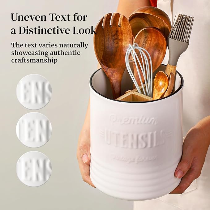 DOWAN Kitchen Utensil Holder, 7.2″ Extra-Large Ceramic Stable Utensil Caddy, Rustic Cooking Utensil Crock for Farmhouse Kitchen Décor, Utensil Holder for Countertop (White with devider, 7.2 Inch)