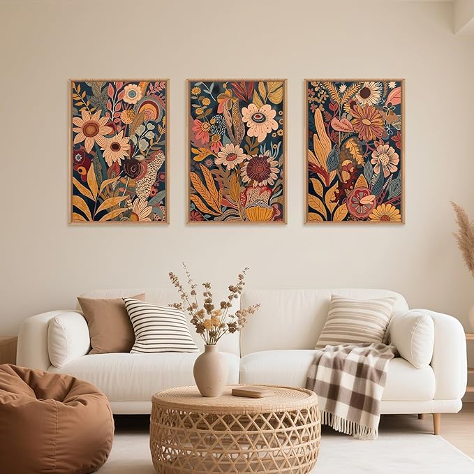 HOURIA Large Orange Flower Framed Canvas Wall Art Set,Boho Mid Century Modern Floral Botanical Wall Decor,Retro Vintage Blossom Artwork,Neutral Plant Art Print for Living Room,Bedroom,Office-16"x24"x3