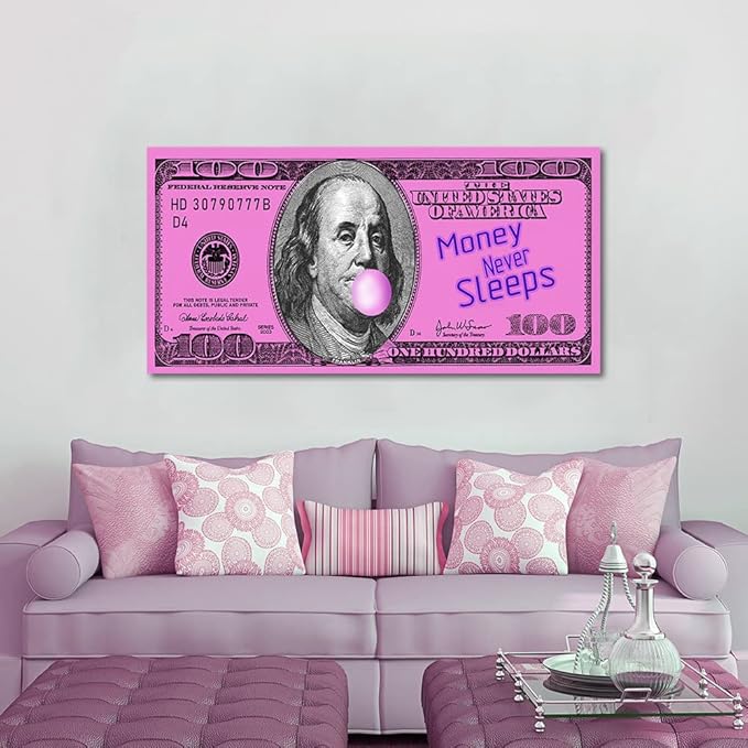 Large Size 1 Big Panel Motivational Money Art Print Dollars Canvas Office Wall Decor Funny Franklin 100 Dollar Money Wall Money Never Sleeps Artwork Pink Money Pop Art Framed Easy to Hang-48 inch x 24 inch