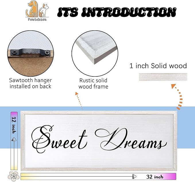 Sweet Dreams Wall Decor Above Bed 32x12 Inch Large Master Bedroom Hanging Wood Rustic Framed Farmhouse Sweet Dreams Sign Guest Room Aesthetic And Minimalist Over Bed Wall Art（White）