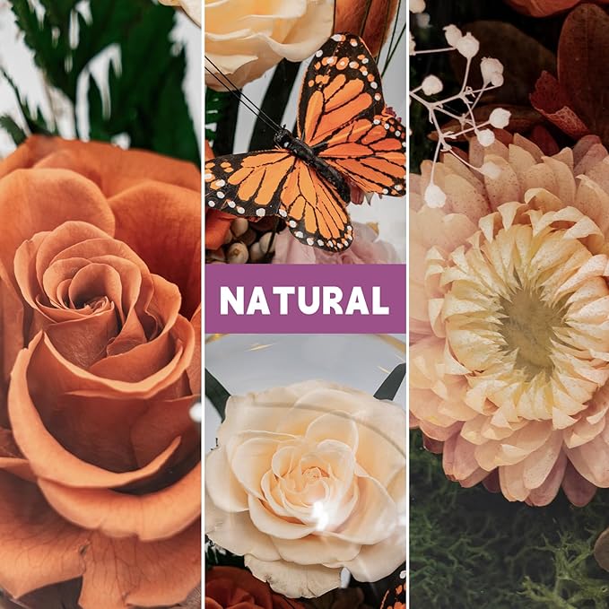 Eternal Flowers with Butterfly: Forever Flower Arrangement-Elegant Preserved Flowers in Glass Dome-Romantic Valentines, Anniversary, Mom Gifts for Her-Flowers for Delivery Prime (Orange)