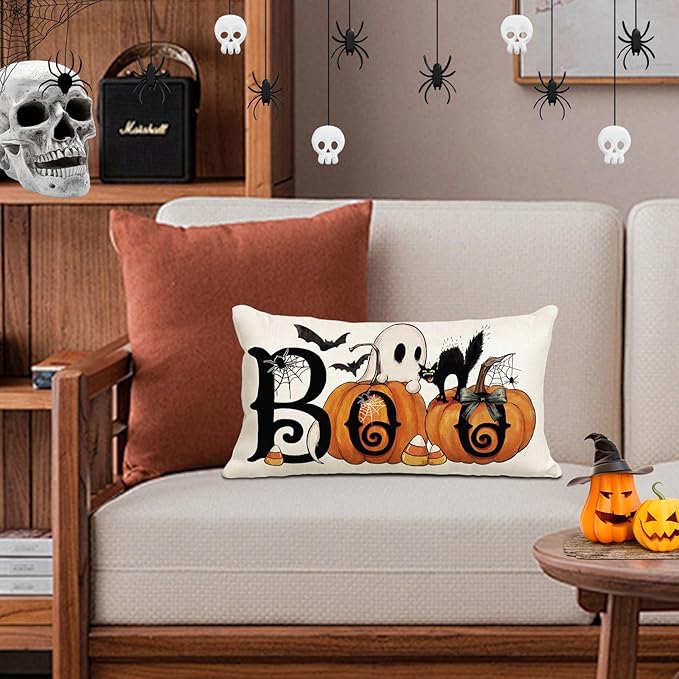 Baccessor Halloween Pillow Cover 12x20 Inch, Boo Ghost Spooky Lumbar Pillow Case Halloween Decor for Cushion Sofa Couch Indoor Outdoor Decoration 1 Piece