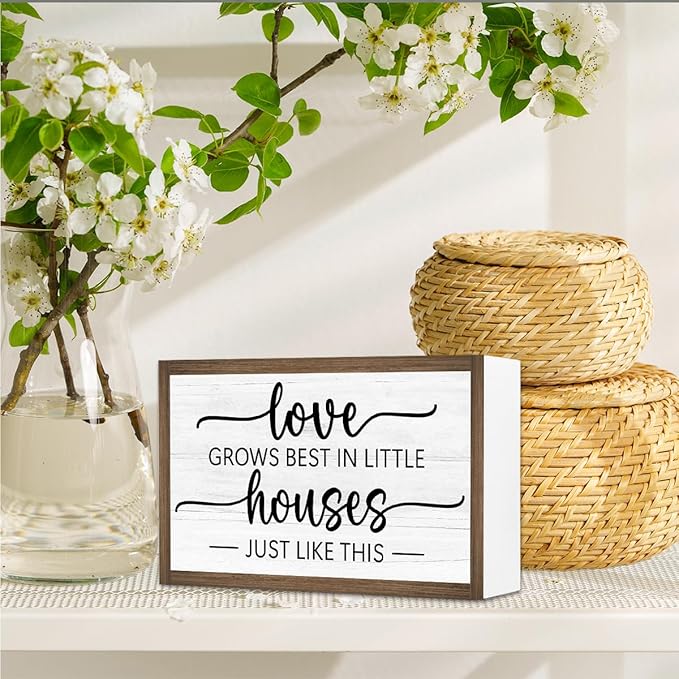 Love Grows Best in Little Houses Just Like This Wooden Box Sign Desk Decor,Rustic Farmhouse Love Sign Wood Block for Home Bedroom Shelf Tabletop Wall Decor