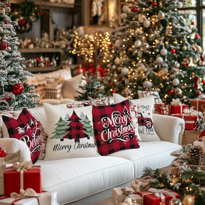 GEEORY Merry Christmas Throw Pillow Covers 16x16 Inch Set of 4, Xmas Trees Truck Buffalo Plaid Believe Farmhouse Decorative Cushion Cases for Home Decoration G421-16
