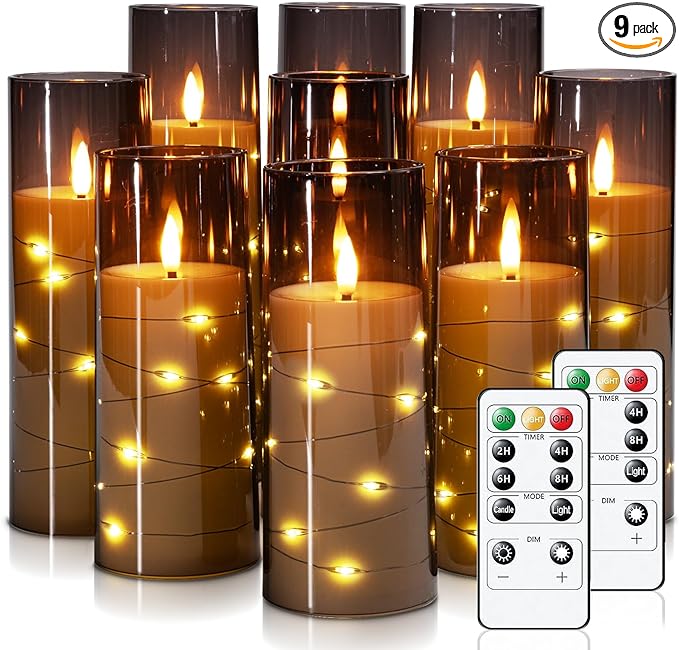 Raycare Flameless LED Candles with Embedded Star String, 9 Pcs Battery Operated Acrylic Pillar Candles with Timer and Remote, Flickering for Romantic Ambiance and Home Decoration (Grey)