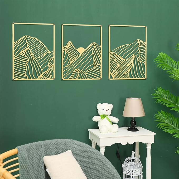 Peryiter 3 Pcs Metal Wall Art Decor Landscape Mountain Wall Hanging Decor for Living Room Abstract Minimalist Modern Mountain Line Pictures Summer Bathroom Office Home Gifts Indoor(Gold)