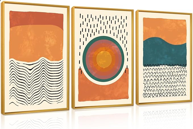 HPINUB Boho Abstract Framed Canvas Prints Wall Art Set, Mid-Century Color Block Shape Wall Decor, Minimalist Illustrations Art Photos for Living Room, Bedroom, Dining Room, Office, Bathroom -