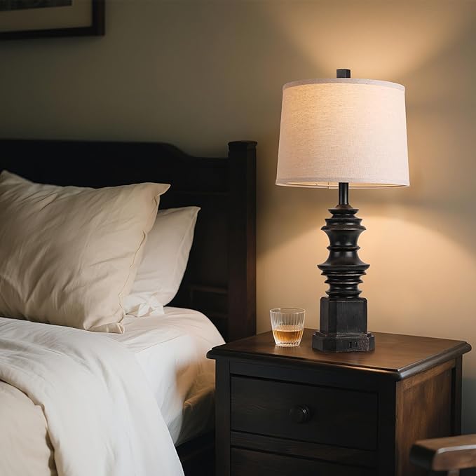 QiMH Table Lamps for Nightstand Set of 2, Bedside Lamp with USB A+C Charging Ports, Farmhouse Table Lamp with Linen Lampshade, Lamps for Living Room, Bedroom Lamps with LED Bulbs, Black