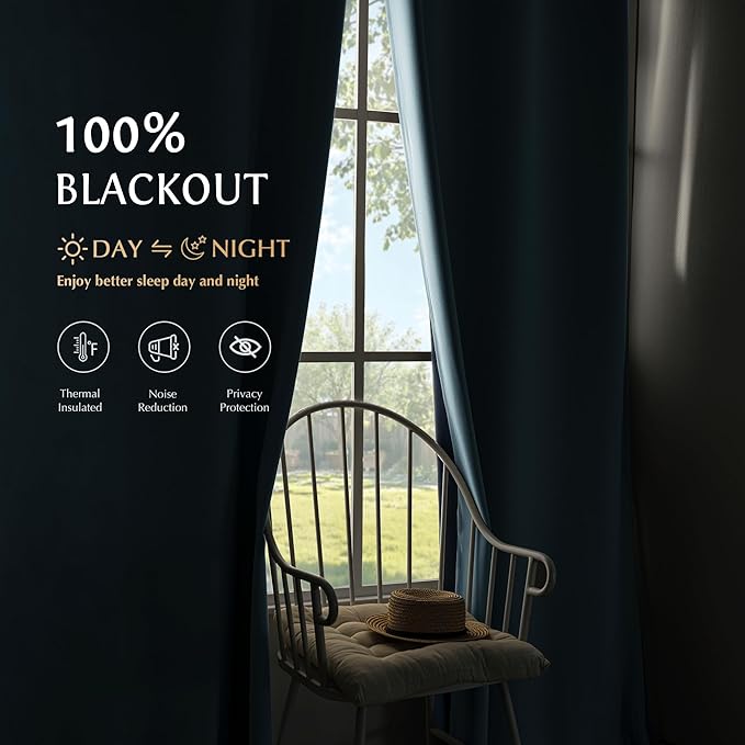 Beauoop Dusty Blue 100% Blackout Curtains 84 Inch Long 2 Panels for Bedroom Living Room Solid Room Darkening Thermal Insulated Soundproof Energy Saving Grommet Top Window Treatment Drapes,52x84 2 Set