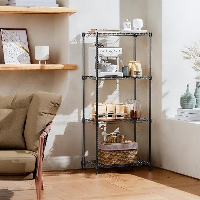 IZEUK 4-Tier Black Steel Storage Shelves, Heavy Duty Utility Wire Rack Organizer for Kitchen, Office, Home, 1000 lbs, 13.7" D x 23.6" W x 53.4" H
