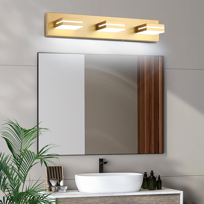 SineRise LED Modern Bathroom Vanity Light Fixtures (3-Light, 24-Inch, Dimmable), Matte Gold Modern Acrylic Bathroom Wall Lighting Fixtures Over Mirror (Cool White 6000K)