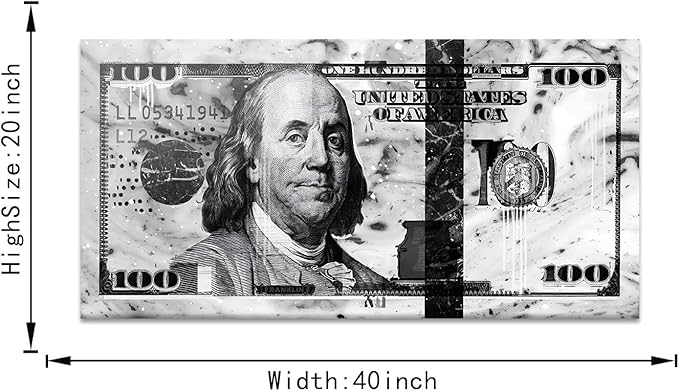 Black and White Graffiti Dollar Wall Canvas Painting Picture Artwork for Home Walls Large 100 Bill Giclee Canvas Wall Picture Creative Money Art Print Positive Modern Home Decor Easy to Hang-40"Wx20"H