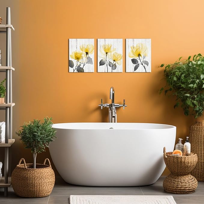 Saypeacher Yellow Flower Canvas Wall Art Yellow and Grey Bathroom Pictures Prints Yellow White Floral Painting