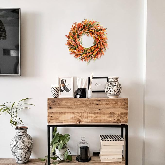 26 Inch Fall Flower Wreath for Front Door, Autumn Yellow Orange Forsythia Flower Indoor Outdoor Wreath with Berries Foam Leaves