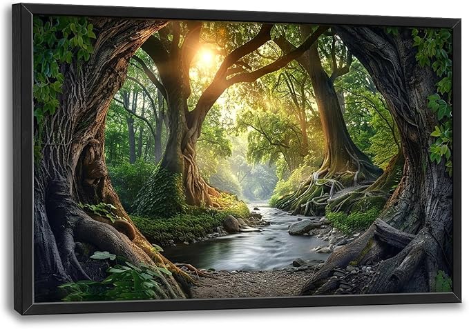 Rainforest Large Framed Wall Art Forest Tree of Life Landscape Sunrise Pictures Oversized Tree Nature Scenery Wall Decor Canvas Print Painting Aesthetic Modern Artwork for Living Room Bedroom Office Bathroom Home Decor 36L"x24W"