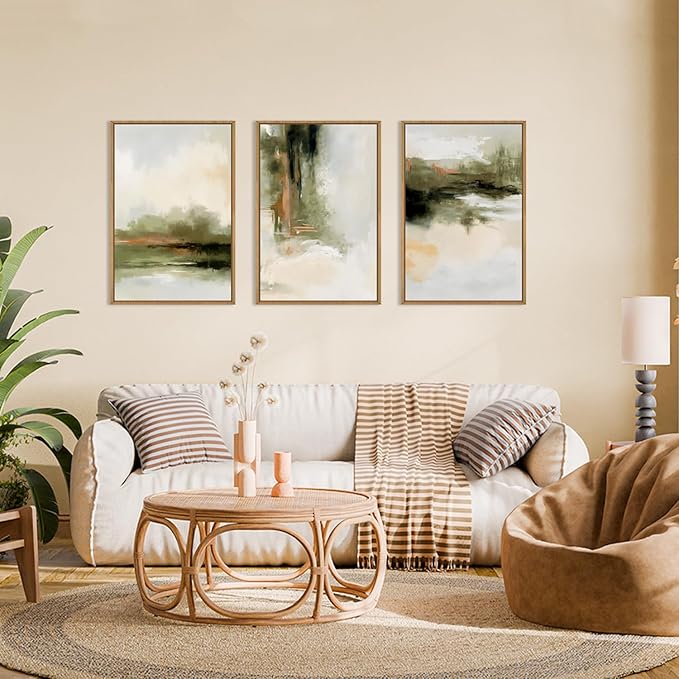 KAIRNE 3Pc Green Abstract Neutral Framed Canvas Wall Art Set, Modern Watercolor Shapes Wall Decor, Minimalist Pastel Wall Painting, Brown, Gray Tan for Living Room, Bedroom, Office 16x24 Inch