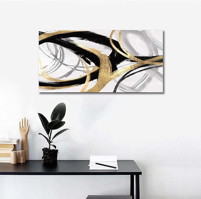 Kureful Gold Wall Decor - Black Canvas Wall Art for Living Room- Large Line Artwork - 20" x 40" Oil Painting Abstract Pictures for Bedroom Kitchen Home Office