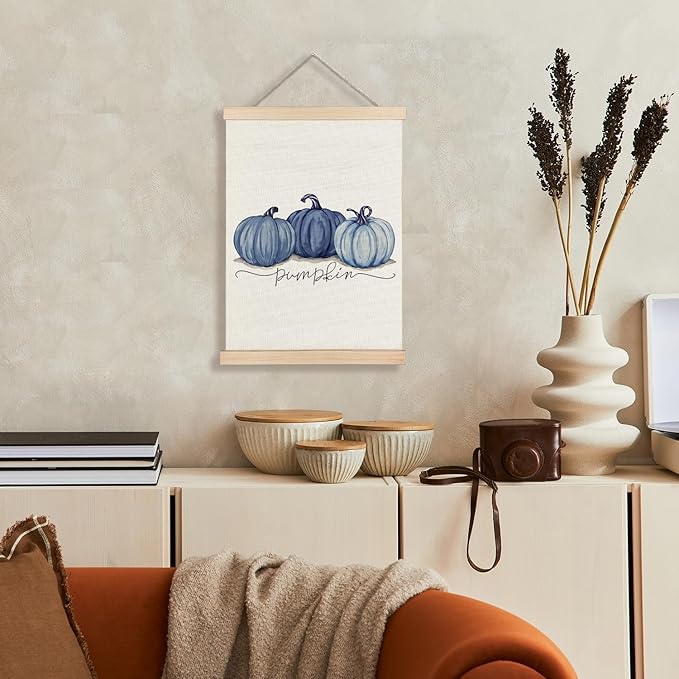 Supwhd Watercolor Fall Blue Pumpkin Wall Art with Wooden Poster Hanger, Fall Wall Decor, Fall Posters, Farmhouse Fall Pumpkin Autumn Harvest Thanksgiving Wall Art Decor, Fall Home Decor, 12x16