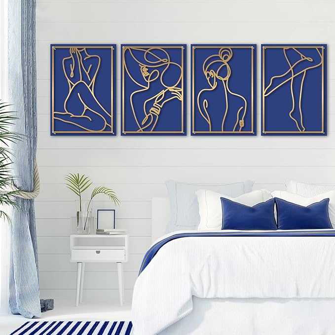 Glamativity Large 4 Pack Gold Wall Art, Minimalist Single Line Art, Real Metal Wall Art, Woman's Body Shape Abstract Art (Gold Elegant Style, L Size 22.5 x 15.7'')