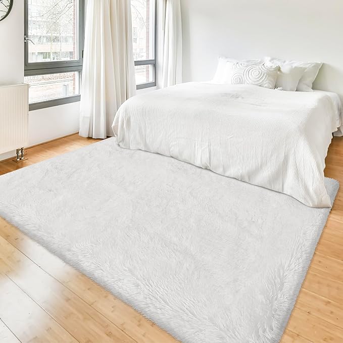 White Rug for Bedroom 4x6ft Fluffy Area Rug Mat Bedside Throw Rug for Living Room Kids Room Boys Teens Nursery Baby Dorm Office Home Decor Aesthetic Carpets