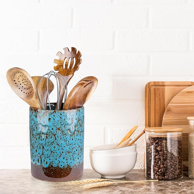 Utensil Holder, Ceramic Kitchen Utensil Holder for Countertop, Large Cooking Utensil Crocks for Kitchen Counter, Morden Utensil Organizer for Spatula, kitchen Decor,Blue