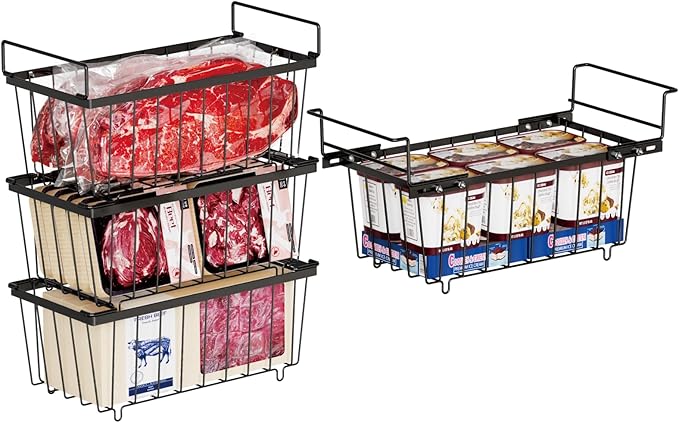 iSPECLE Chest Freezer Organizer Bins - 15.8~18.8 Inch Freezer Organizer Bins for 7 Cu.Ft Deep Freezer, 1 Hanging Basket and 3 Pack Stackable Freezer Organizer, 4 Pack Black