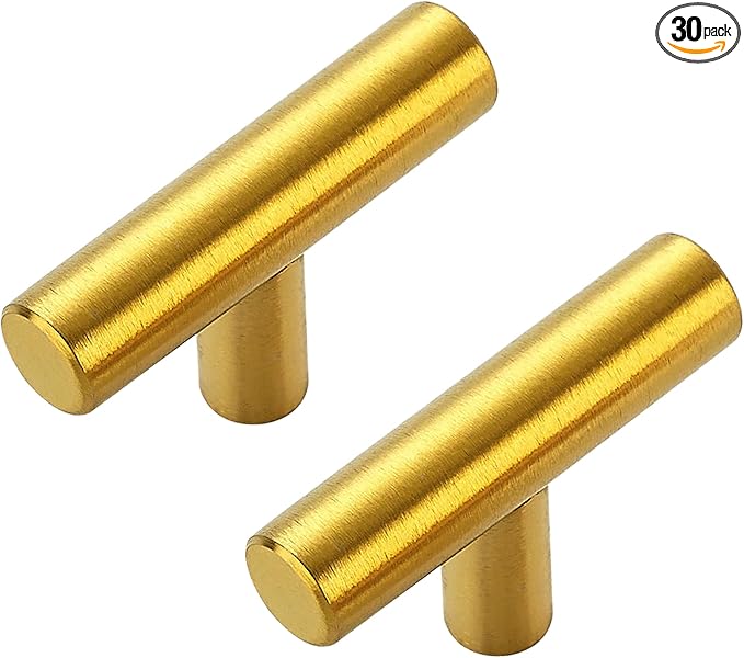 30 Pack Brushed Brass Cabinet Knobs - Kitchen Cabinet Knobs Gold Cabinet Pulls for Kitchen Cabinet Drawer Stainless Steel Dresser Knobs for Cabinet Hardware 2in Length Single Hole T Bar