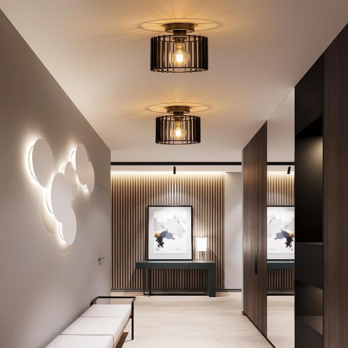 Ceiling Light Fixture Industrial Black Iron Cage Flush Mount, 9 - inch Diameter, Hallway Light Fixtures Modern Ceiling Lights for hallways Eentryway Bathroom Bedroom Kitchen