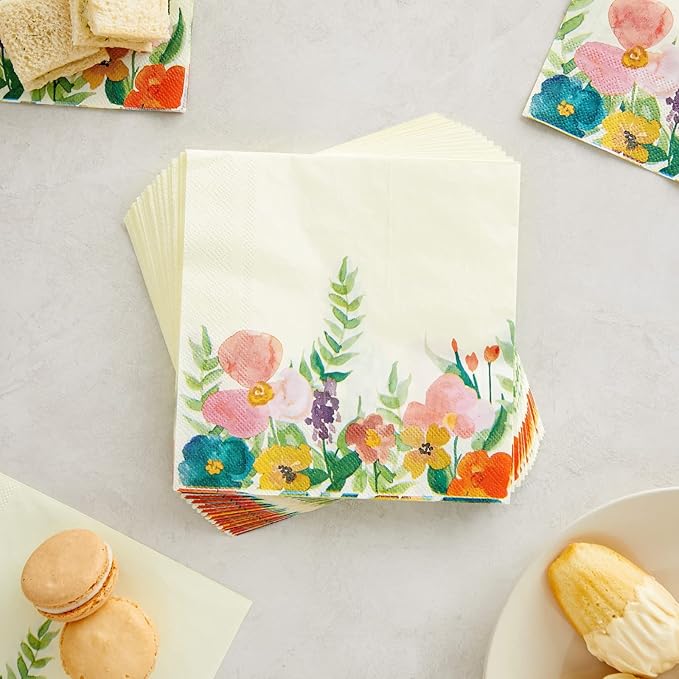 Juvale 100-Pack Floral Disposable Paper Napkins - 6.5 x 6.5 in Folded, 13 x 13 in Unfolded, Multicolor Vintage Wildflower, 2-Ply - For Garden Party Decor & Wildflower Party Decorations