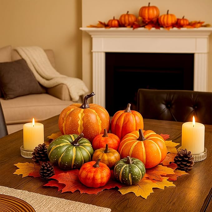 DomeStar 38PCS Fake Pumpkin Set, 8PCS Pumpkins for Decorating with 30PCS Maple Leaves Fall Harvest Decorations for Home, Thanksgiving Table Centerpieces and Halloween Decor
