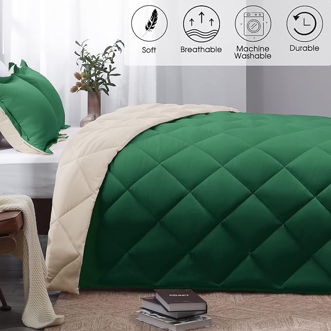 Basic Beyond - Forest Green King Size Reversible Down Alternative Bed Comforter Set(1 Comforter with 2 Pillow Shams, 104" x 92")