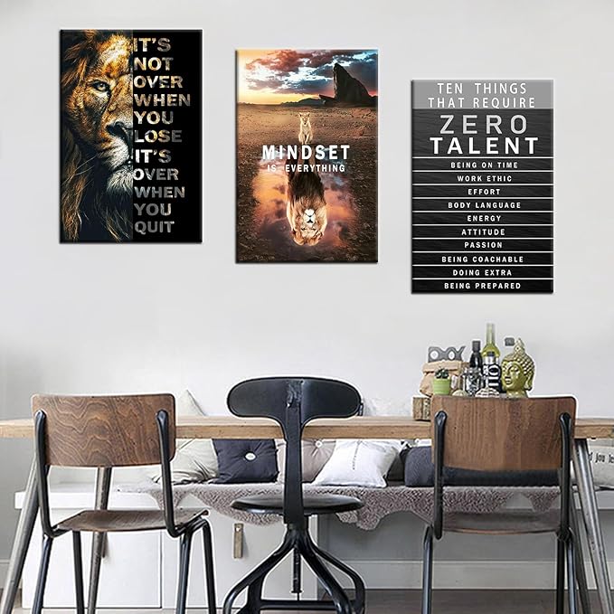 Lion Motivational Wall Decor Inspirational Quotes Wall Art Canvas Zero Talent Poster Print 3 Panel Animal Picture Artwork for Living Room Bedroom Office Home Decor Framed Ready to Hang [48''Wx 24''H]