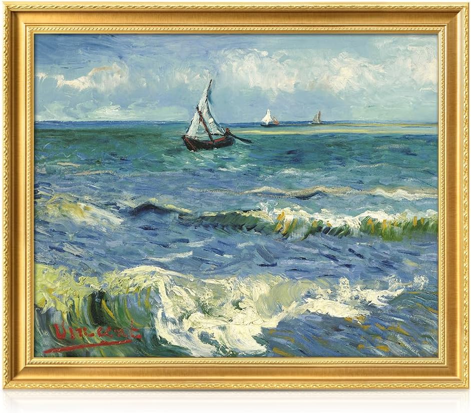 DECORARTS - Vincent van Gogh's The Sea at Les Saintes-Maries, Museum-Quality Giclee Canvas Print in Gold Solid Wood Frame, 34.75 x 28.75 in, Ready to Hang, Made in USA
