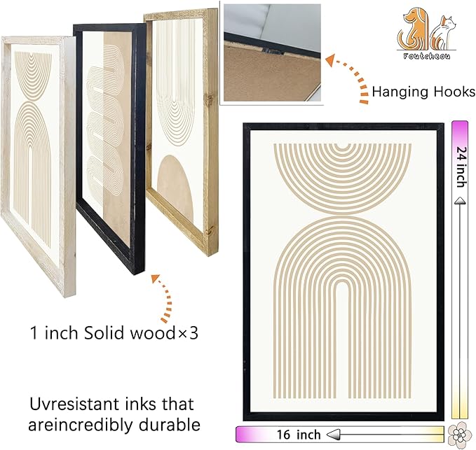 Wall Art Set of 3 Geometric Beige Spiral Wave 16"x24" Wooden Framed Mid Century Organic Abstract Neutral Sign Prints Nordic Boho Office Living Room Master Bedroom Wall Hang Decor (Black)