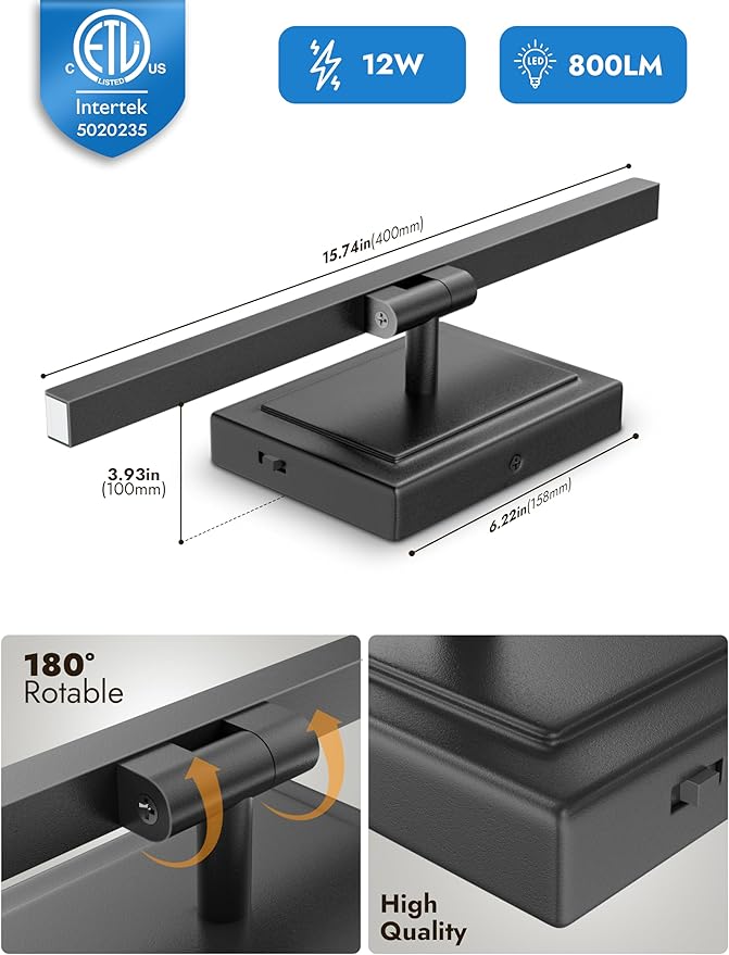 NIORSUN 15.7 Inch Modern Bathroom Light Fixture, 12W 5CCT Dimmable LED Black Bathroom Vanity Lights Over Mirror, Vanity Lights for Bathrooms Restroom Mirror- ETL Certified