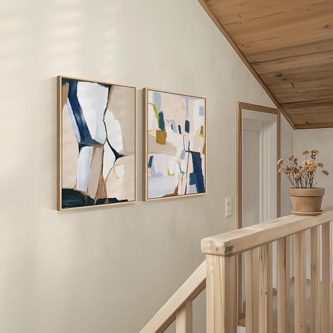 Framed Neutral Abstract Wall Art for Bedroom, 2 Piece Beige and Navy Blue Modern Minimalist Canvas Prints Paintings Artwork for Walls, Colorful Pictures for Living Room Dining Room Wall Decor 16x24 In