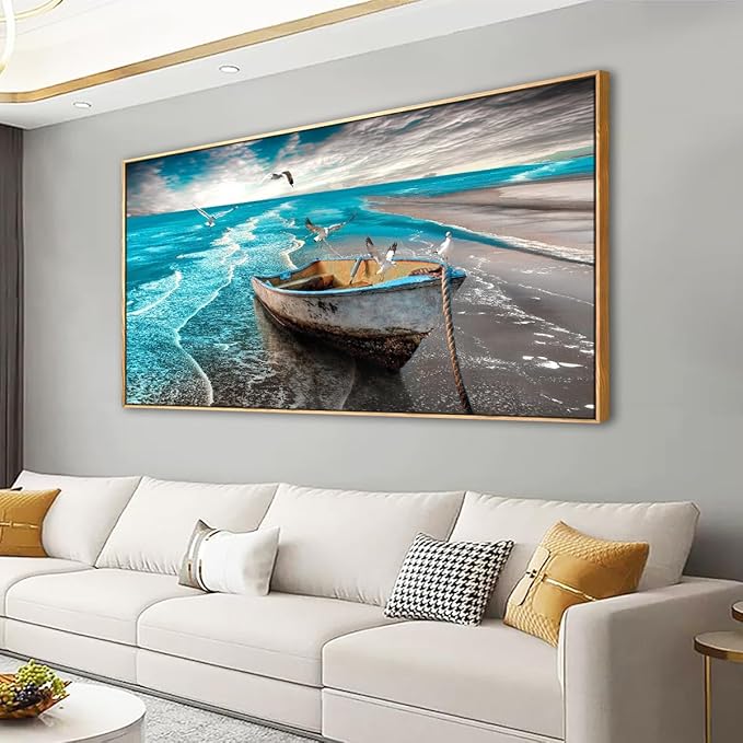 Ocean Canvas Wall Art Prints Waves Seascape Paintigns Boat Seagulls Beach Wall Decor for Living Room Bedroom Natural Scenery Artwork 20 * 40inch