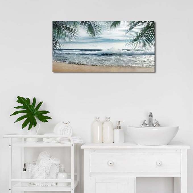 arteWOODS Tropical Beach Canvas Wall Art - Ocean Waves Pictures Coastal Oceanic Blue Sky and Sea Print Seaside Palm Tree Leaves Scene Painting Artwork Living Room Bedroom Office Home Decor 20" x 40"