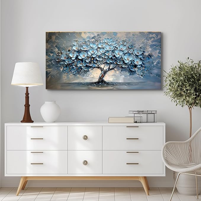crmotu Tree of Life Large Wall Art for Living Room, Blue Floral Tree Abstract Canvas Prints Aesthetic Pictures, Modern Neutral Wall Decor for Bedroom Bathroom Office, Nature Botanical Decor 30"X60"